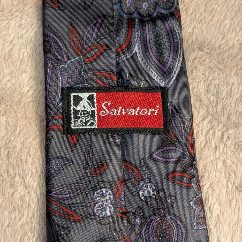 Salvatori Tie Paisley Floral Silk OS Gray Red Purple Blue Vintage Dark Academia